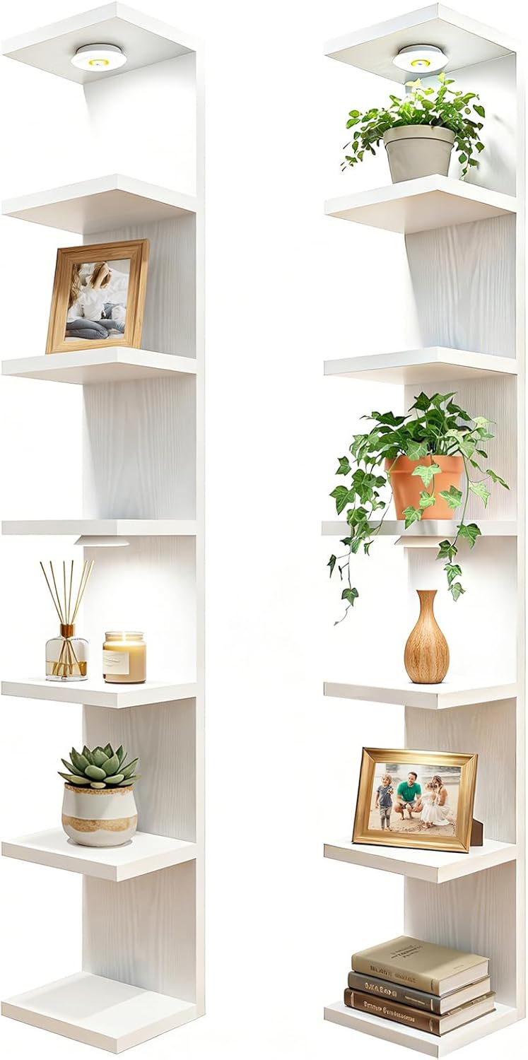Fixwal 7 Tier Wall Mounted Shelf Set of 2 White Lack Wall Shelf with LED Lights Floating Shelves for Home Decor Organizer Display - image 1