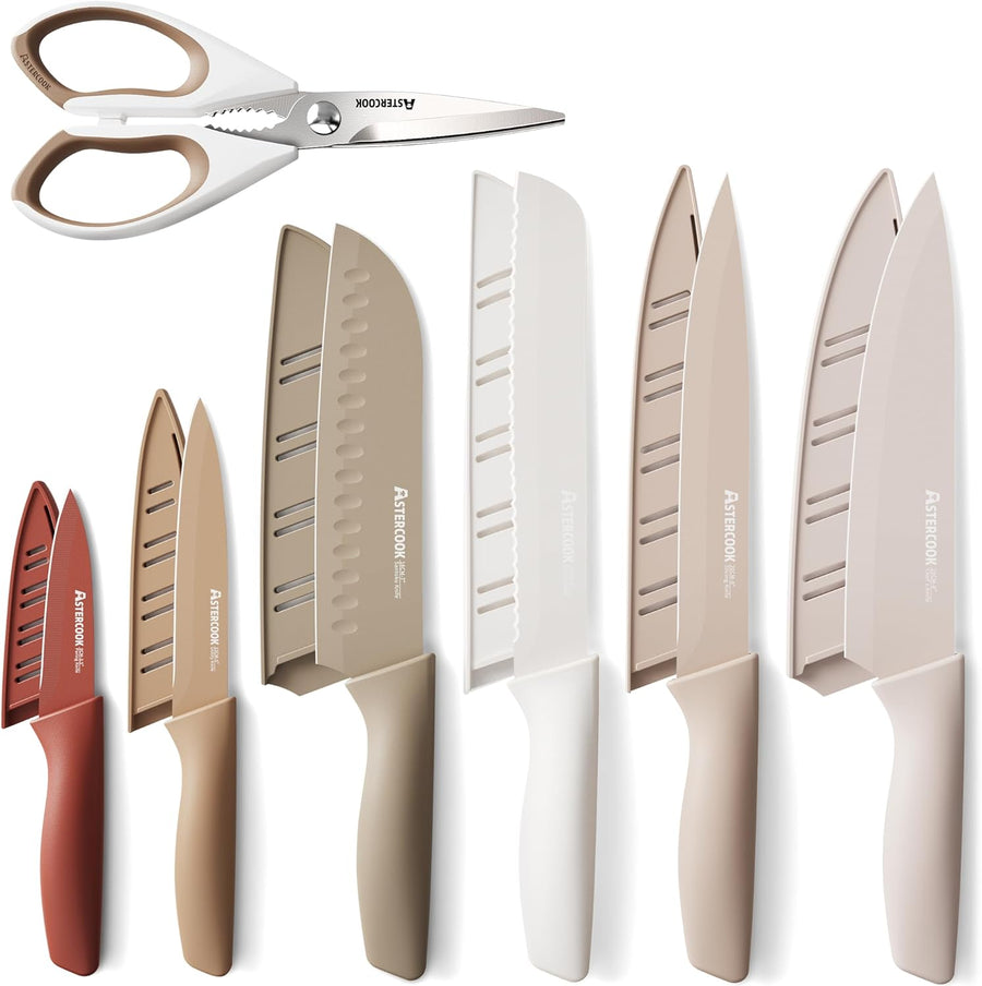 Astercook Knife Set, 13 Pieces Kitchen Knives Set with Healthy Anti-Rust Coating, Dishwasher Safe, Stainless Steel Chef Knife Sets with 6 Blade Guards,