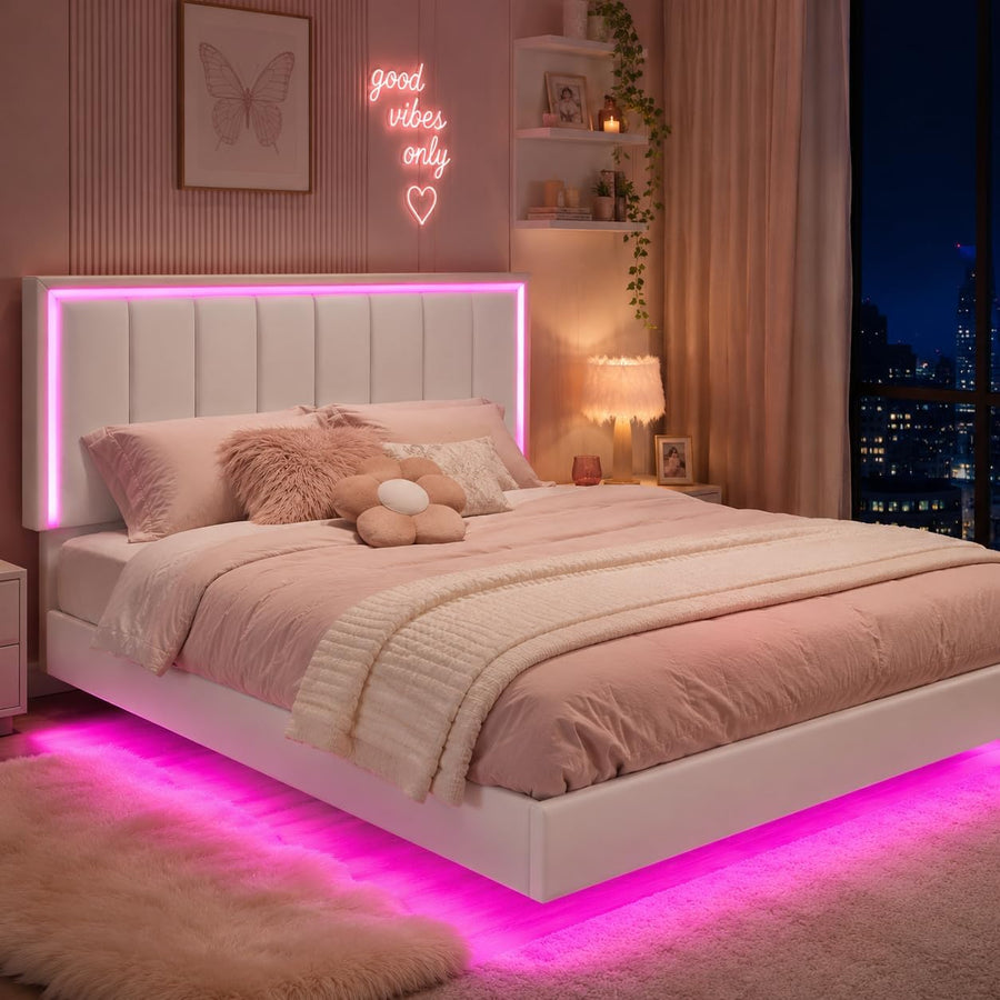 Full Size Floating Bed Frame with LED Lights, Upholstered Platform Bed with Headboard, 11 in Storage Clearance, Solid Wood Slats, No Box Spring Needed, Easy Assembly, White