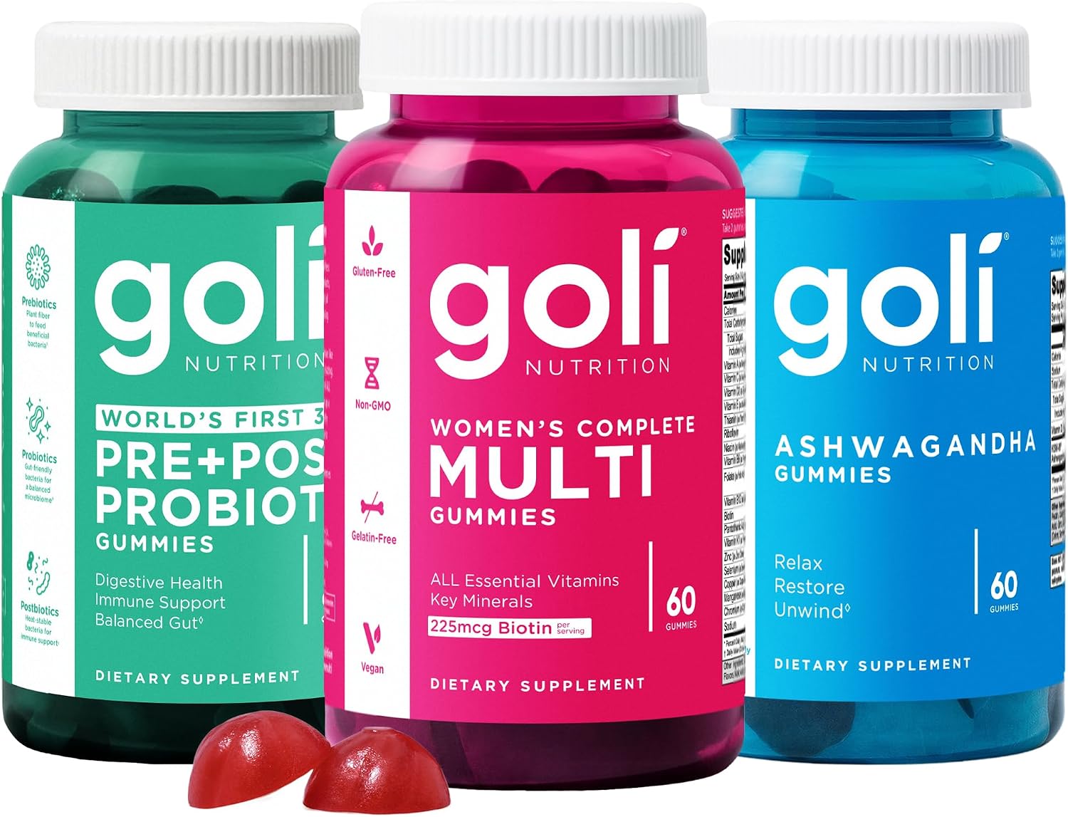 Goli Stress Less, Glow More, Digest Better Bundle - World's First 3-in-1 Pre, Post, Probiotic, Women's Complete Multi All 13 Essential Vitamins, Ashwagandha & Vitamin D Gummies, Vegan - image 1