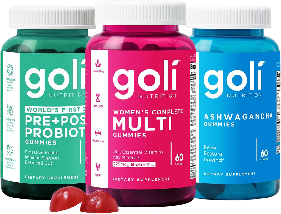 Goli Stress Less, Glow More, Digest Better Bundle - World's First 3-in-1 Pre, Post, Probiotic, Women's Complete Multi All 13 Essential Vitamins, Ashwagandha & Vitamin D Gummies, Vegan