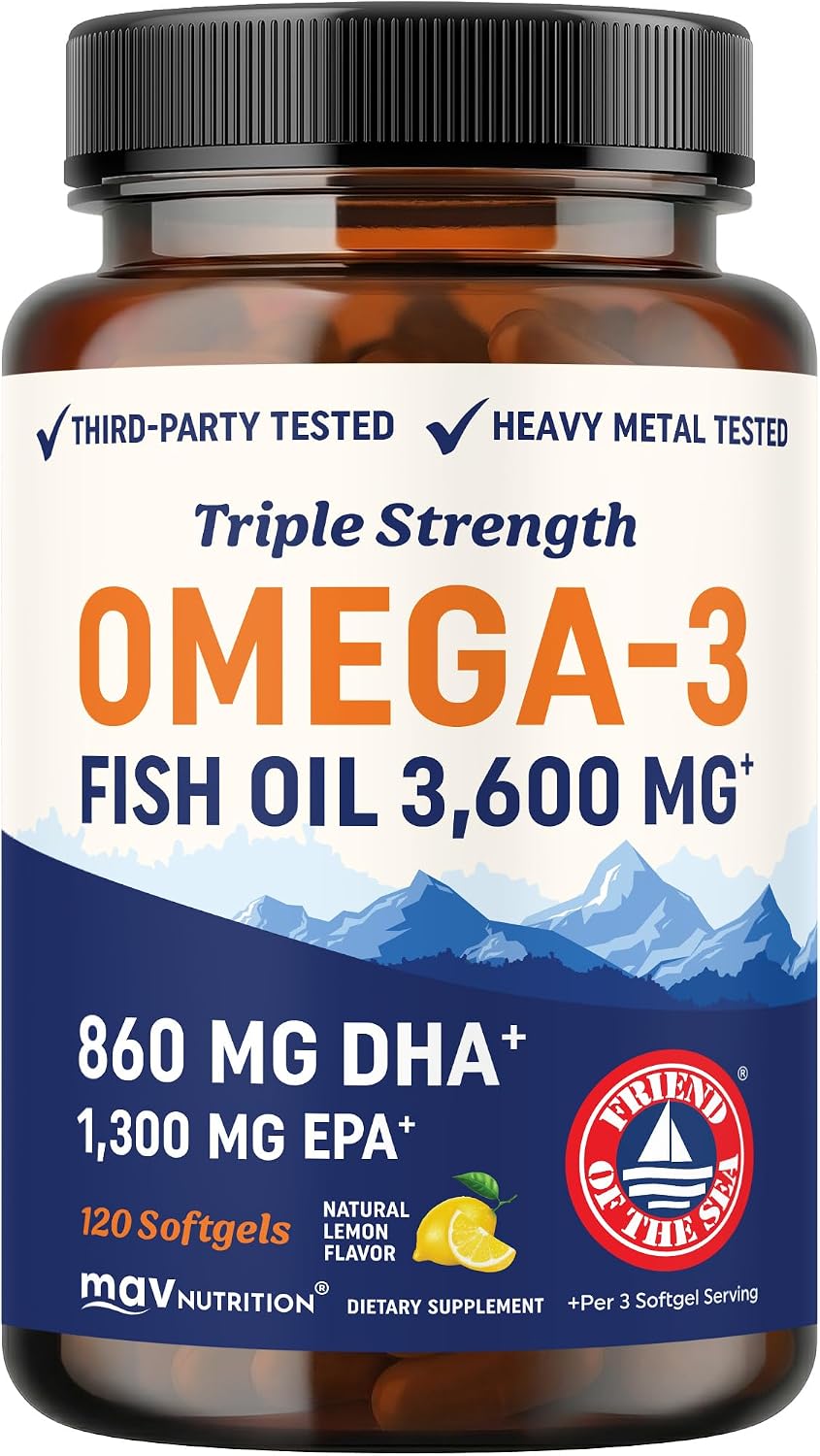 Triple Strength DHA Omega-3 Fish Oil 3600 mg | Over 2100mg Omega-3 Fatty Acids with 860 mg of DHA | 1300mg EPA | Best Essential Fatty Acids | Premium Wild Caught & Burpless Fish Oil | 120 Softgels - image 1