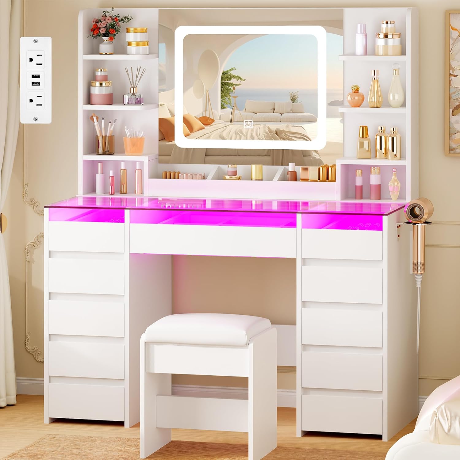 Vanity Desk with Mirror and Lights 3 Colors,Makeup Vanity Table with Glass Top,11 RGB Drawers,6 Shelves,White Makeup Desk with Power Outlet,Stool,Large Dressing Table for Bedroom UXFST002W - image 1