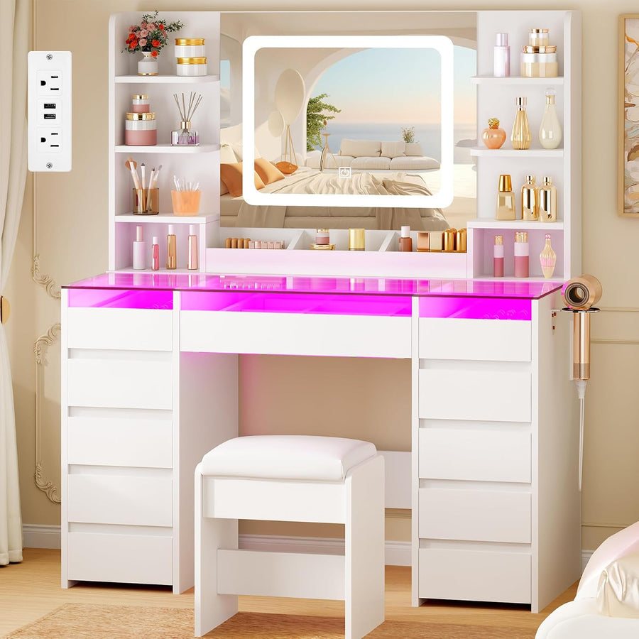 Vanity Desk with Mirror and Lights 3 Colors,Makeup Vanity Table with Glass Top,11 RGB Drawers,6 Shelves,White Makeup Desk with Power Outlet,Stool,Large Dressing Table for Bedroom UXFST002W