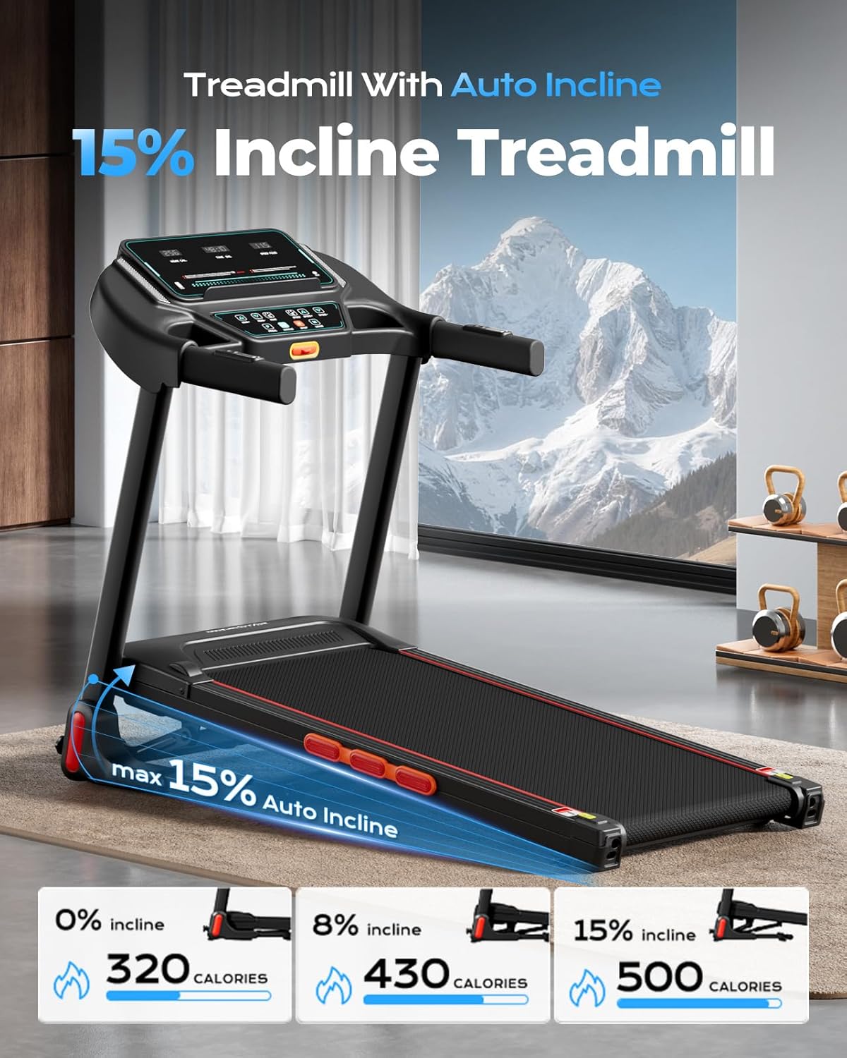 Treadmill for Home, Foldable Treadmills with 0%-15% Auto Incline, 3.0HP Brushless, 300 LBS Capacity, LED Display, Pulse Monitor, Bluetooth Speaker - image 1