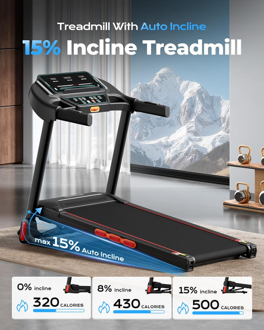 Treadmill for Home, Foldable Treadmills with 0%-15% Auto Incline, 3.0HP Brushless, 300 LBS Capacity, LED Display, Pulse Monitor, Bluetooth Speaker