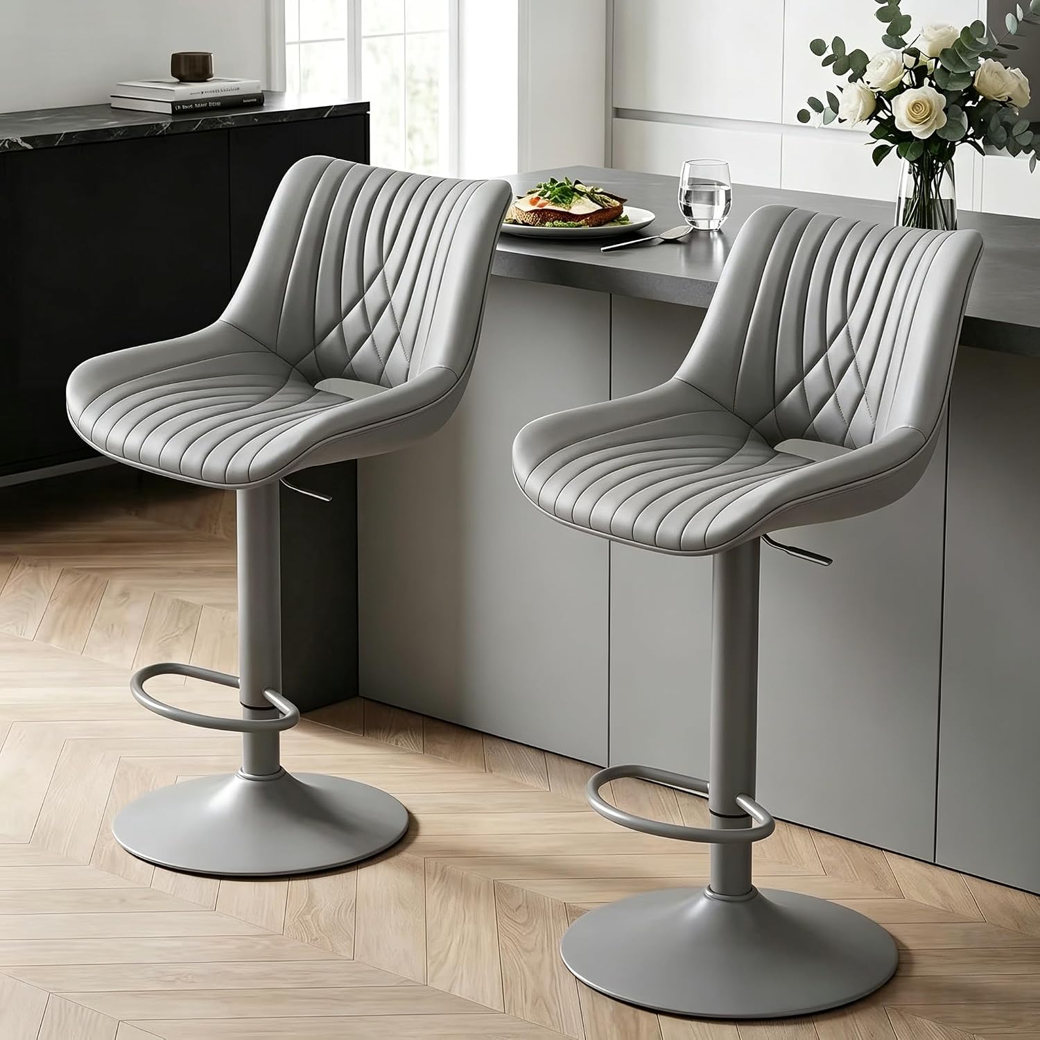 Swivel Bar Stools Set of 2, Height Adjustable Counter Height Bar Stools with Open Back and Footrest, Premium Faux PU Leather, Modern Upholstered Bar Chairs for Kitchen Island/Bar/Counter, Gray - image 1