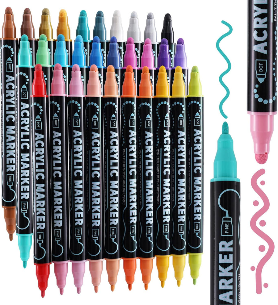 nauets 30 Colors Dual Tip Acrylic Paint Markers, Dot & Fine Tip Acrylic Paint Pens for Rock, Wood, Fabric, Canvas, Glass, Scrapbook, Paper, Ceramic, Egg, DIY Crafts Supplies-Junk Journal Supplies