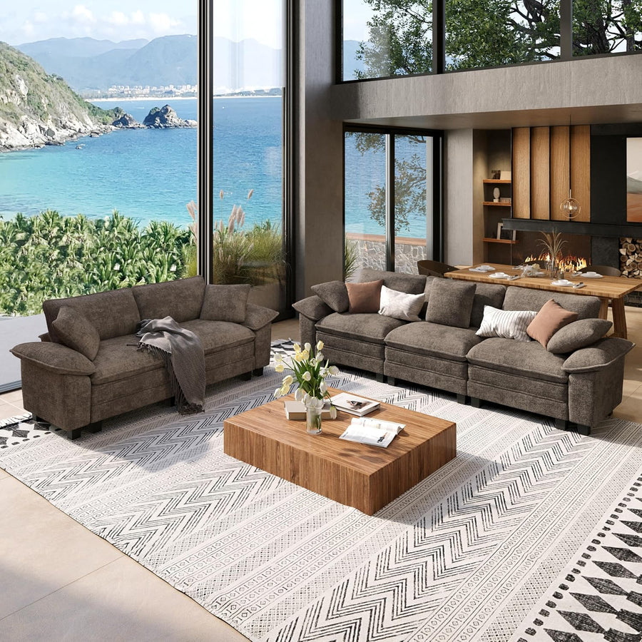 Sofa and Loveseat Set, Oversized Chenille Modular Love seat and 3-Seat Couch with Pillows, 2 Piece Modern Cloud Sectional Deep Seat Sofa Furniture Set for Living Room, Grayish Brown