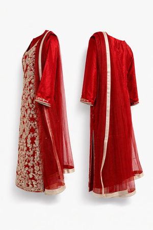 Luxury Red Embroidered Dress with Dupatta - thumbnail 2